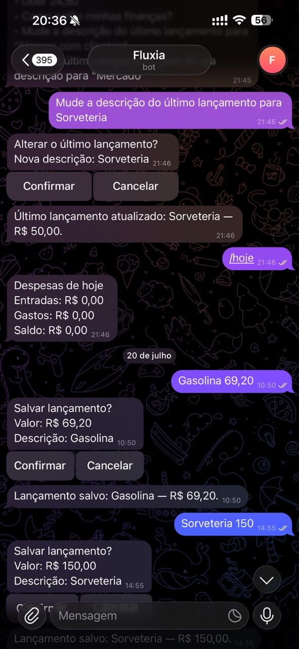 Bot Fluxia no Telegram editando um lançamento