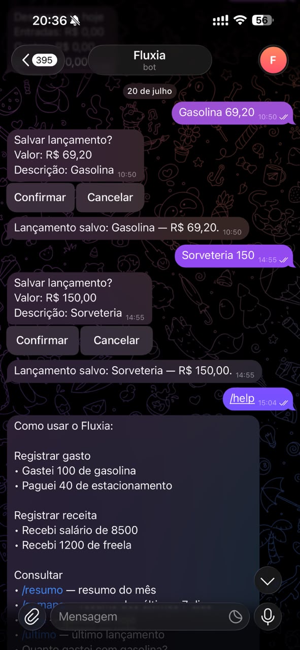 Bot Fluxia no Telegram registrando lançamento e exibindo ajuda